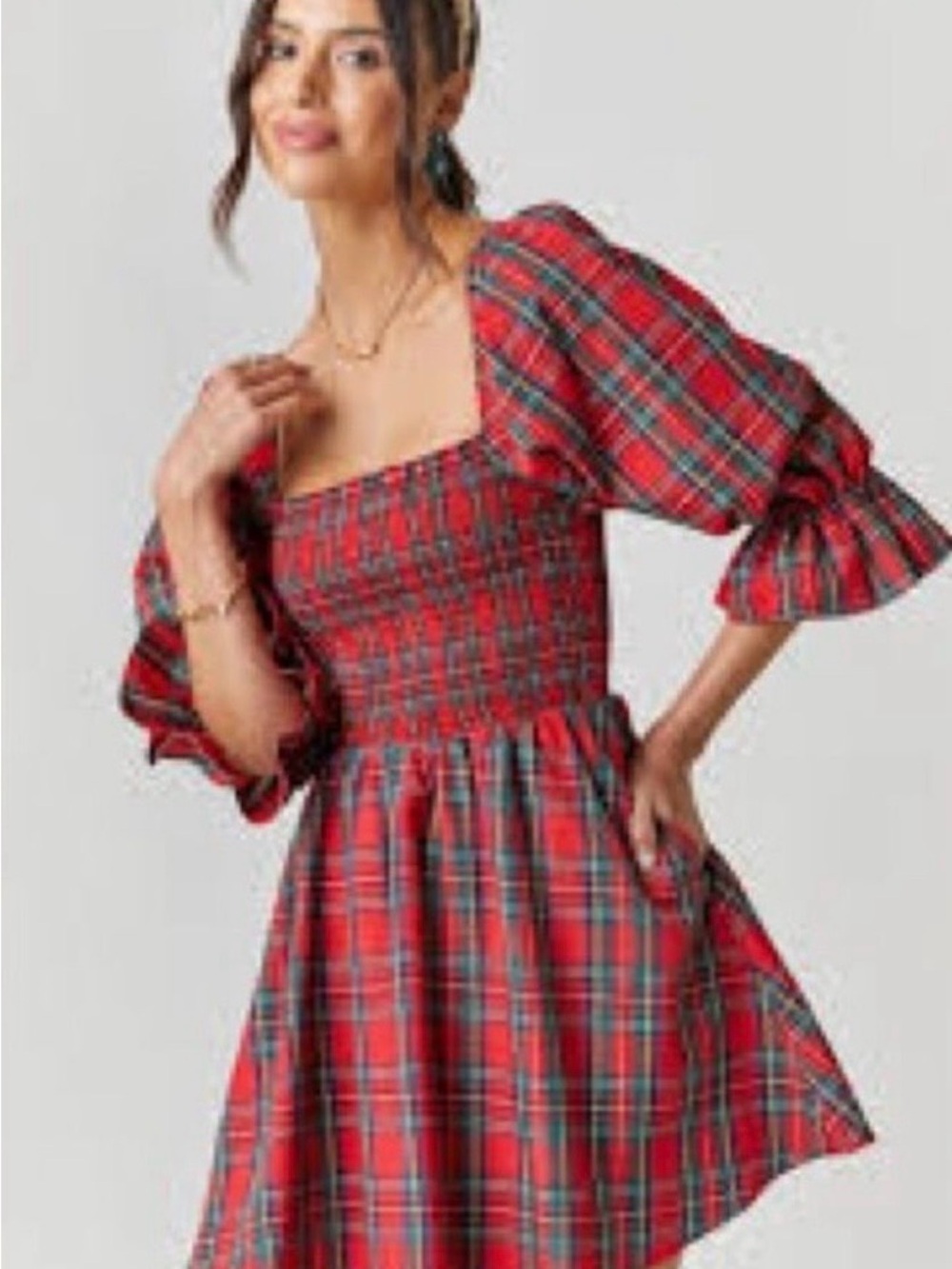 Blue Rain Red Plaid Puff-Sleeve Smocked Mini Dress